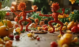 an assortment of fruit and vegetables are shown, including plastic figures of men