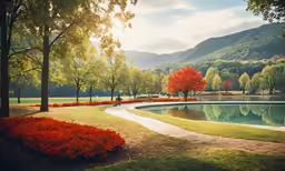 a beautiful landscape with mountains in the background and a lake with flowers