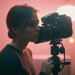 a young woman with brown hair holding a camera