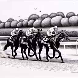 two horses are racing next to each other,an art work of three horses and jockeys on the track