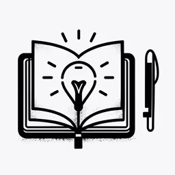 a book with a pen in it,an open book with a pen and a light bulb on top