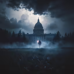man standing alone in foggy field near building