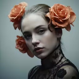 the model is wearing four flowers on her head