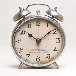 a dirty clock on a metal stand in front of a white wall
