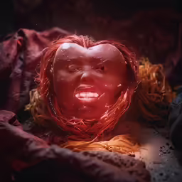 a heart shaped head sitting on top of a blanket