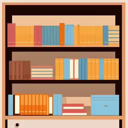 a bunch of books that are on a wooden shelf,an illustration of bookshelves with colorful books