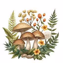 the drawing of mushrooms and other plants with leaves and flowers
