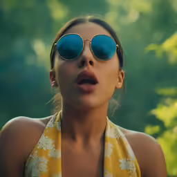 a woman in yellow shirt and blue sunglasses posing for camera