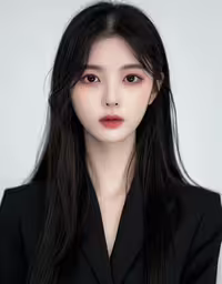 a young korean woman wearing long hair and black shirt,a woman in a suit posing for a photo