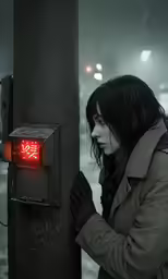 a woman in a winter coat is using a light on a pole