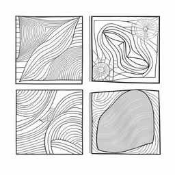 a black and white drawing of three abstract shapes,4 hand drawn drawings each depicting a curved wave and a spiral, with an irregular shape