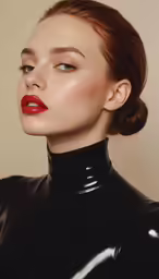 a woman wearing a black bodysuit and red lipstick
