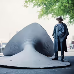 an older man with a hat and coat is standing next to a giant sculpture