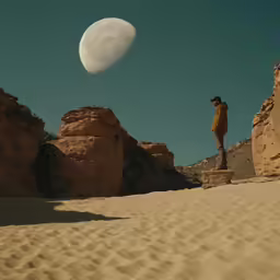 a man standing on the ground while looking up at the moon