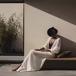 a woman is sitting on the concrete in a black and white dress