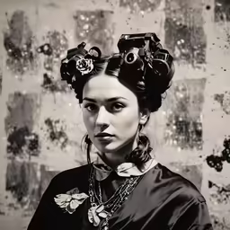 a woman is standing next to a wall with lots of decorations on her head