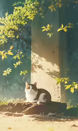 a brown and white cat sitting on top of a blanket