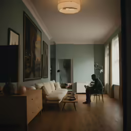 a photographer in his room in a hotel setting
