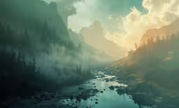 an aerial shot of the sun setting over a river