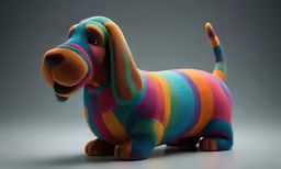 a colorful stuffed animal sitting on top of a gray floor