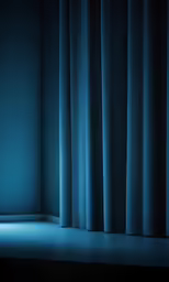 the dark blue curtains are in an empty room
