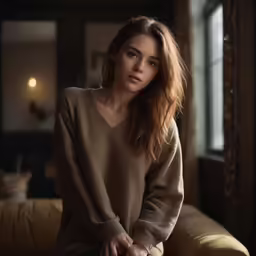 a woman sitting on top of a leather couch wearing a sweater