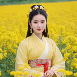 a woman dressed in traditional clothing stands by flowers