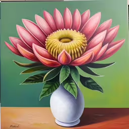 a painting of a white vase with a pink flower,a painting of flowers inside of a white vase