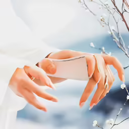 a female hand holding an iphone in front of some white flowers
