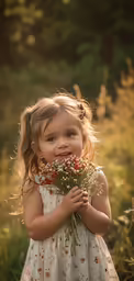 a little girl standing in the grass holding flowers