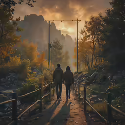 two people are walking down the path towards the sun