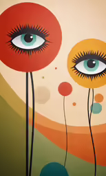 a painting with an abstract design of flowers and a pair of eyeballs