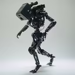 a robot standing next to a camera on a gray background