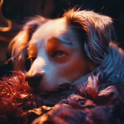 a dog resting on a blanket on the ground