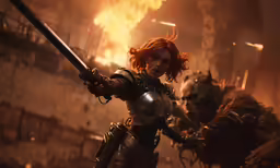 a woman is holding a sword in front of another person