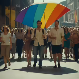 a man holding an umbrella on the street as people walk by