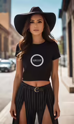 a woman wearing a black hat and top