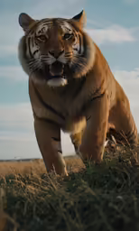 a tiger walking across a field under a blue sky