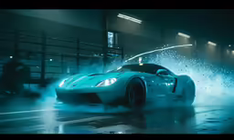 an automobile driving on the street in the rain