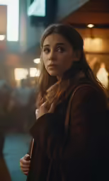 the woman in brown is holding her jacket around her neck