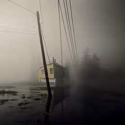 fog is covering the water from rain in the city,a boat sitting on the water with a yellow building in the background