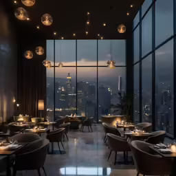 restaurant interior with tables and chairs overlooking the city lights
