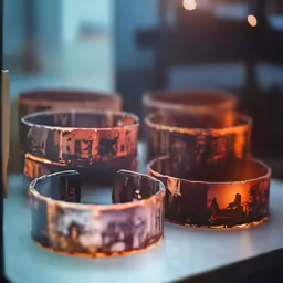 five bangles on a table that look like images