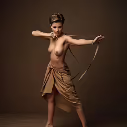 nude female poses holding a long bow and arrow