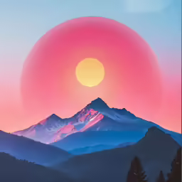 a very pretty painting of some mountains at sunset
