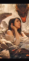 a woman lies on rocks with an insect hovering around her head