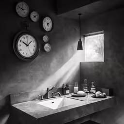 a bathroom with several clocks hanging on the wall
