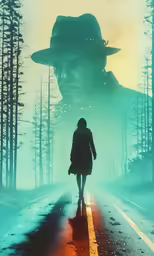 a person is walking down the street in front of trees