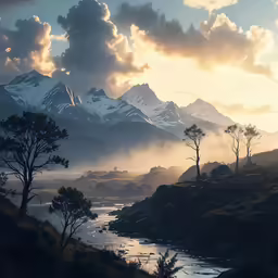 some clouds are hanging over mountains, the sun is setting