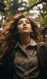 a woman in brown shirt with tree background